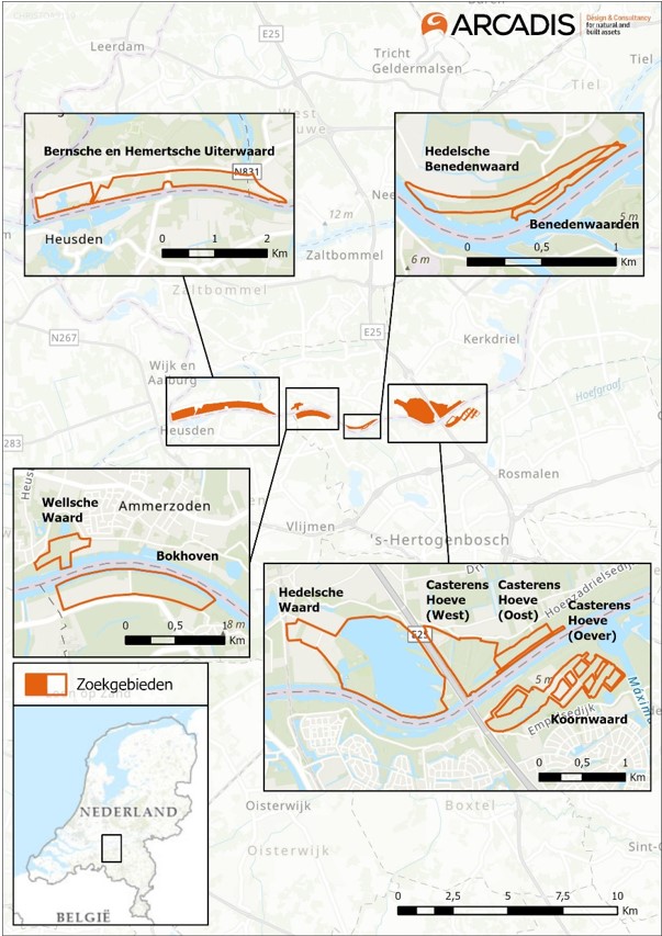 Een kaart met een overzicht van de zoekgebieden van de maatregelen binnen dit deelproject. Op deze kaart staan naast de drie maatregelen uit dit projectbesluit ook meerdere maatregelen die zijn afgevallen in het proces. 