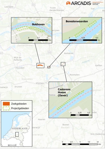 Een kaart met een overzicht van de drie maatregelen die binnen dit projectbesluit vallen. 
