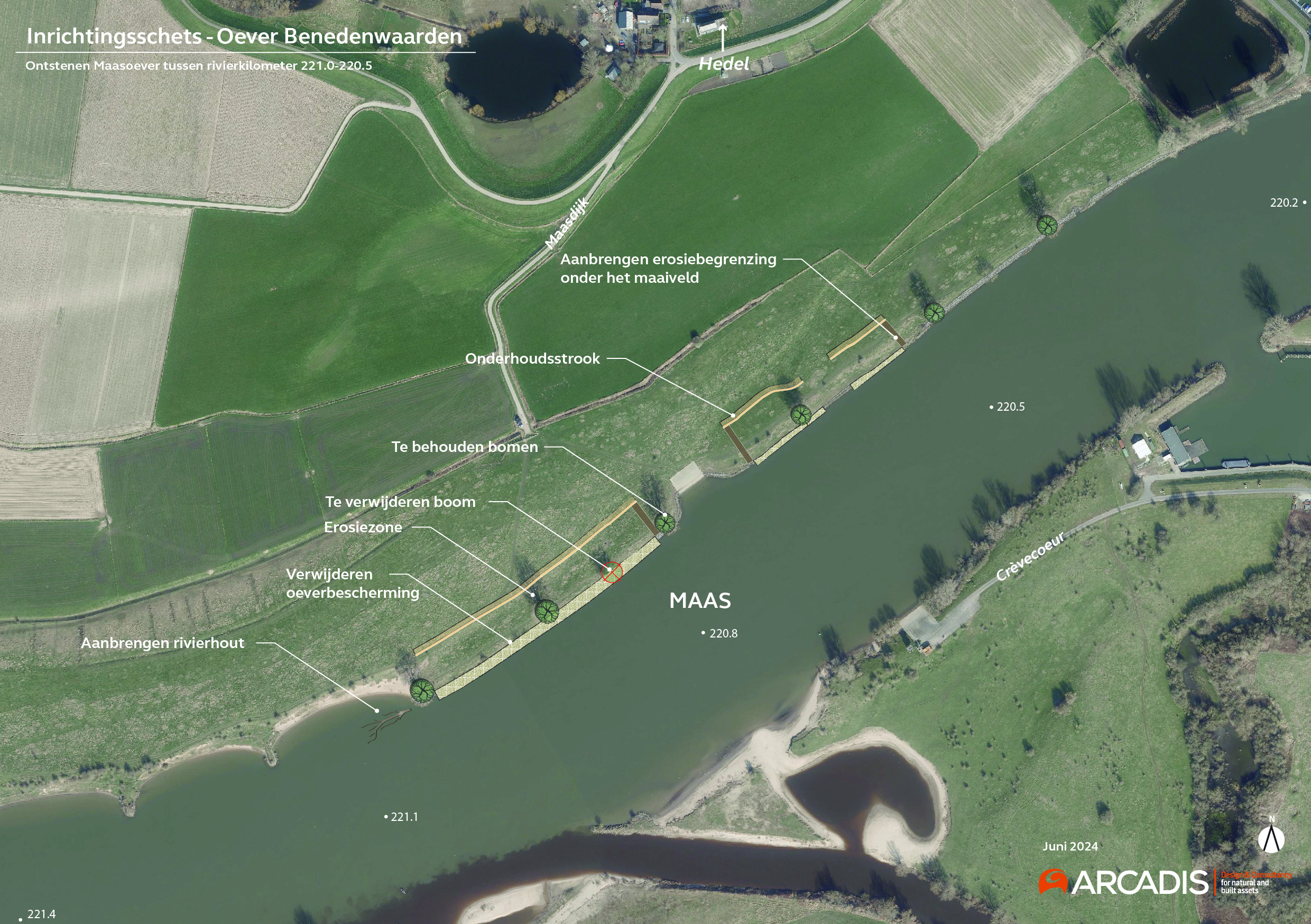 Een gedetailleerde kaart met satellietfoto en het projectgebied van de maatregel Oever Benedenwaarden, waarop ook alle uit te voeren werkzaamheden zijn omschreven. 