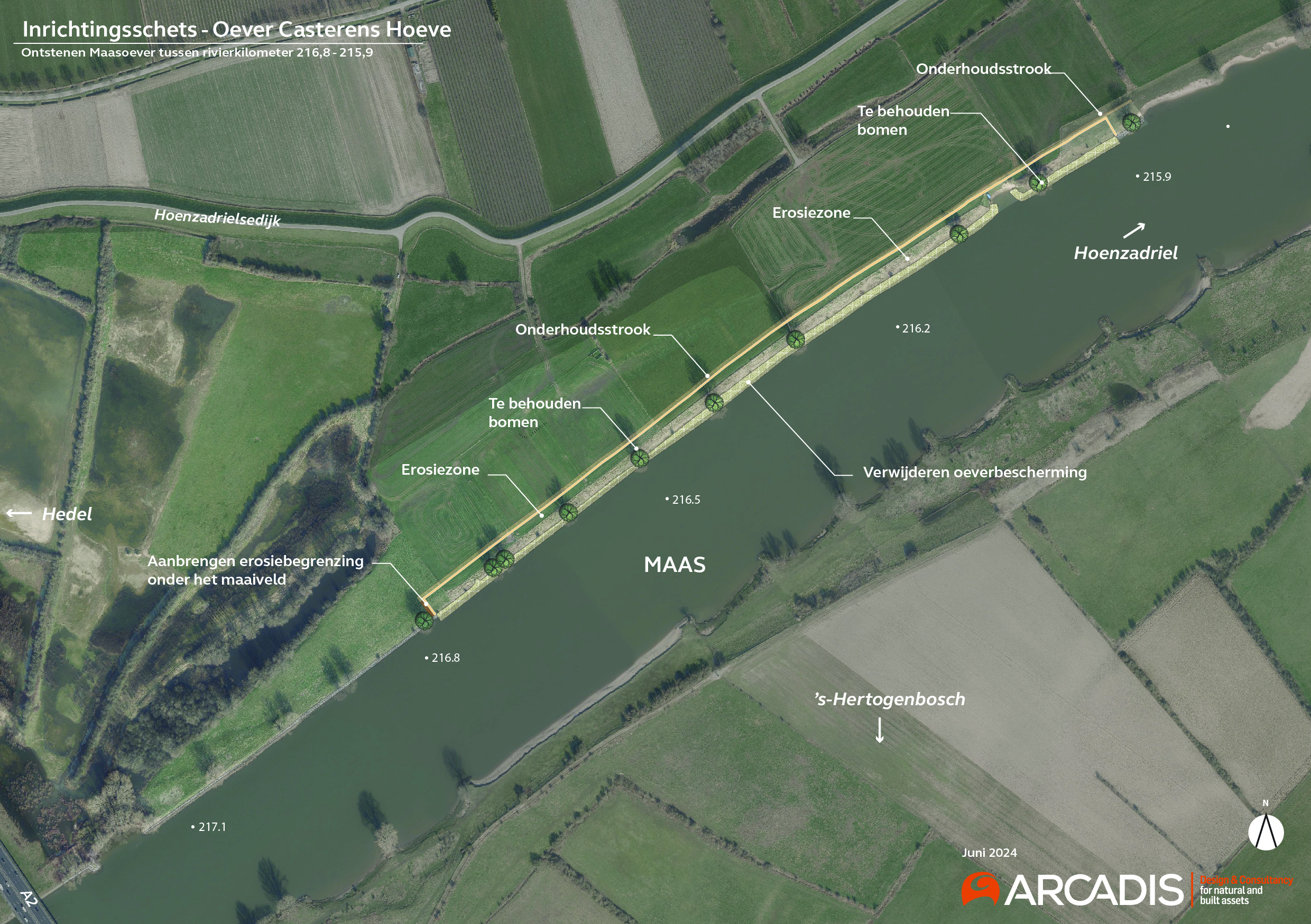 Een gedetailleerde kaart met satellietfoto en het projectgebied van de maatregel Oever Casterens Hoeve, waarop ook alle uit te voeren werkzaamheden zijn omschreven. 