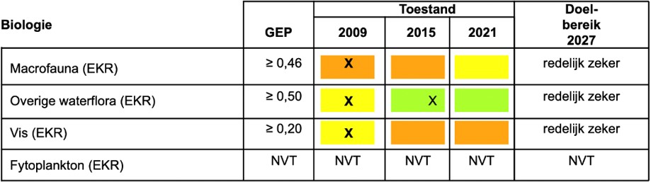 Een overzicht van de ecologische kwaliteitsscores voor macrofauna, overige waterflora, vis en fytoplankton in de Benedenmaas voor de jaren 2009, 2015 en 2021. De tabel laat zien dat macrofauna de jaren 2009 en 2015 oranje, dus ontoereikend, beoordeeld worden. 2021 wordt geel, dus matig, beoordeeld, het doelbereik 2027 is redelijk zeker. Voor overige waterflora is 2009 geel, matig, beoordeeld en 2015 en 2021 groen, dus goed, met het doelbereik 2027 als redelijk zeker. Voor vis is de toestand in 2009 beoordeeld als geel, matig; en in 2015 en 2021 als oranje, ontoereikend, het doelbereik 2027 is redelijk zeker. De beoordeling fytoplankton wordt voor alle jaren weergegeven als niet van toepassing. 