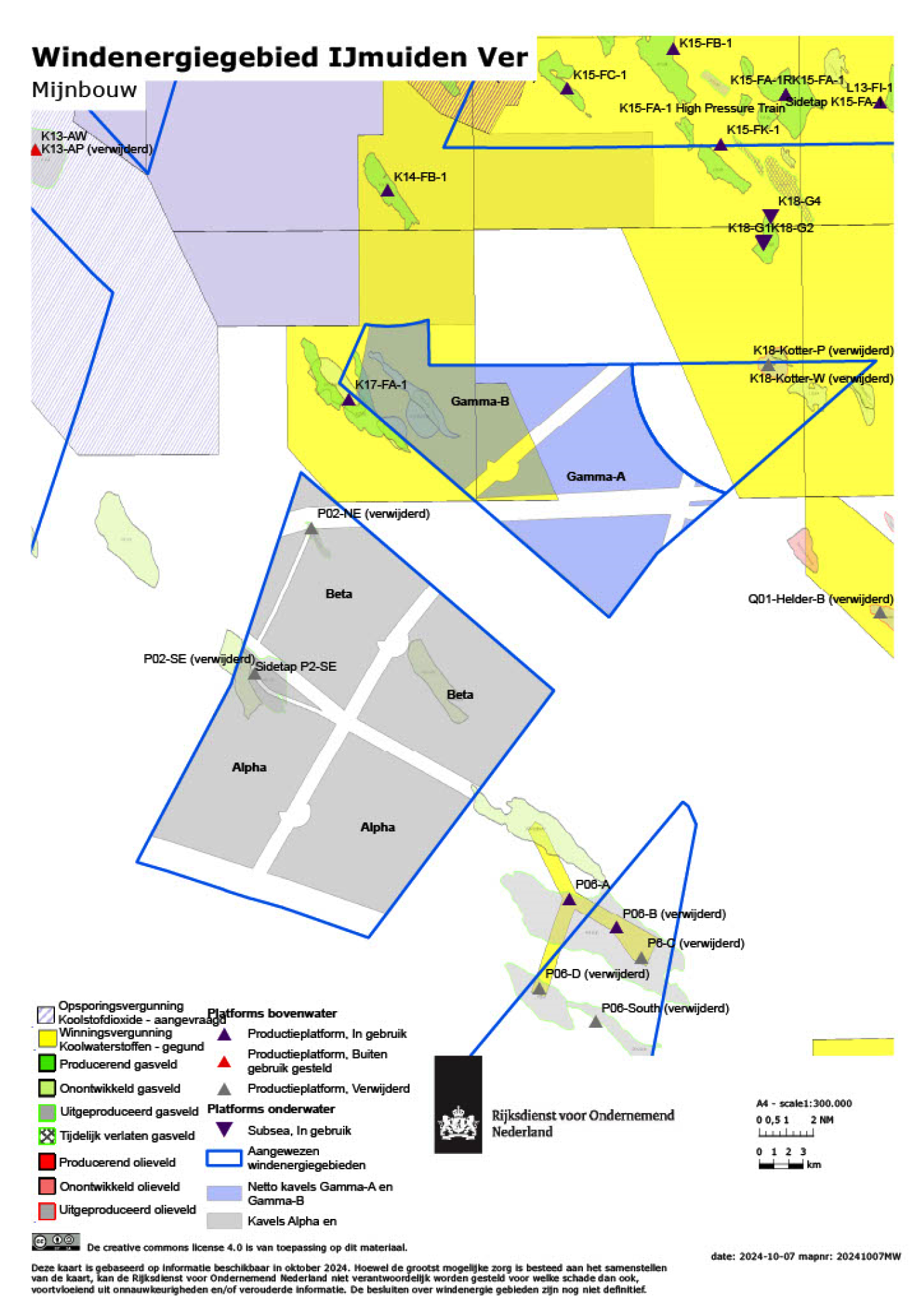 Figuur 4: Vergunningen, velden en platforms in de omgeving van kavel Gamma-A.