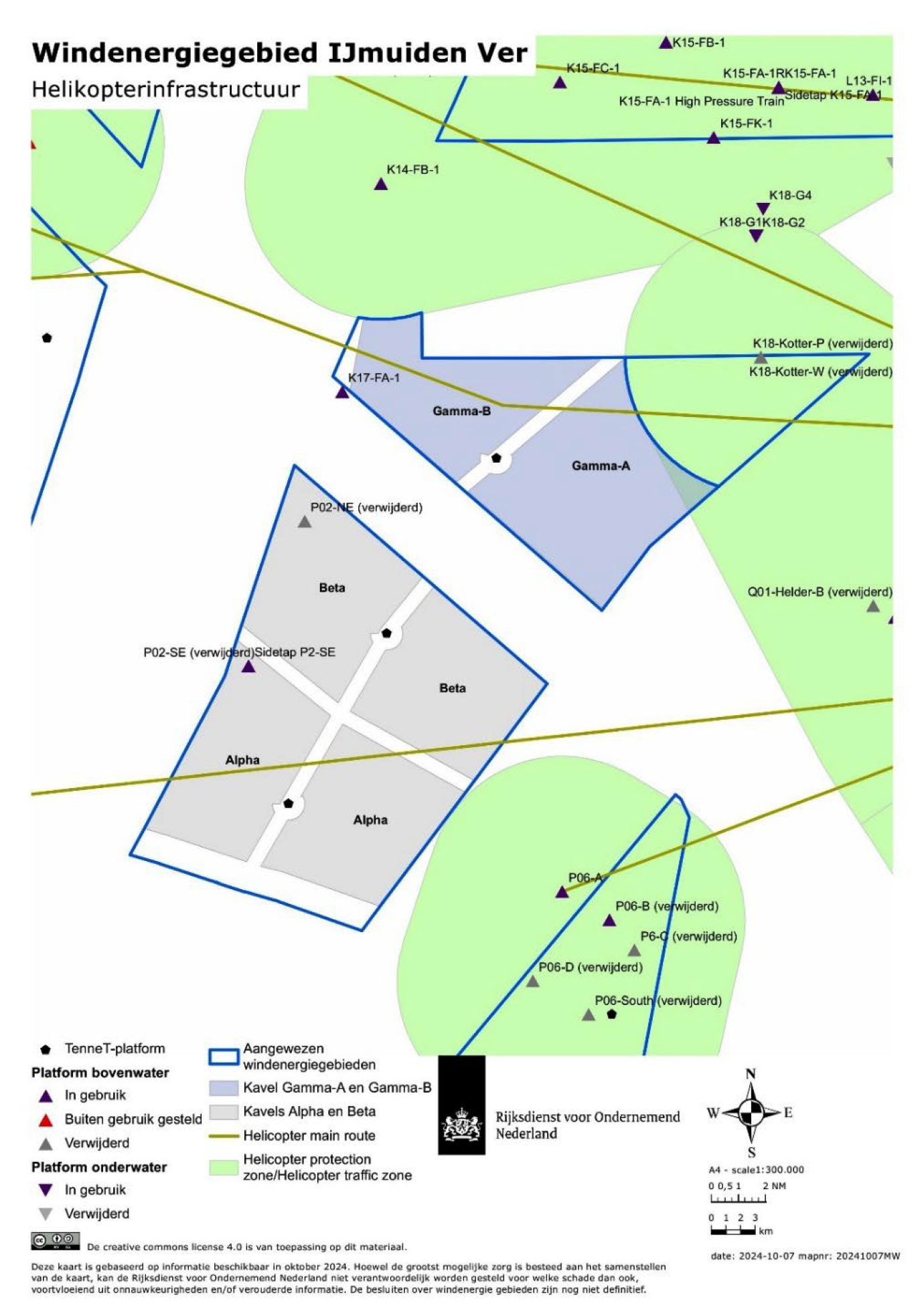 Figuur 6: Ligging van helikopterplatforms, helikopterzones en HMR’s rondom windenergiegebied IJmuiden Ver.
