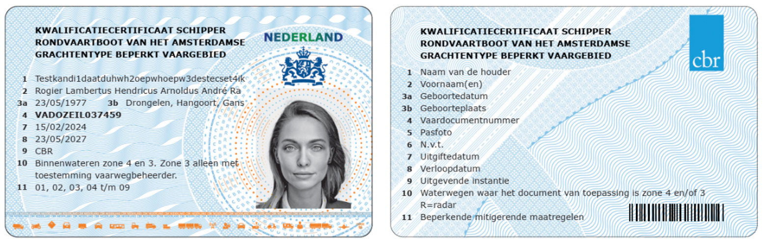 Model kwalificatiecertificaat schipper rondvaartboot van het Amsterdamse grachtentype beperkt vaargebied