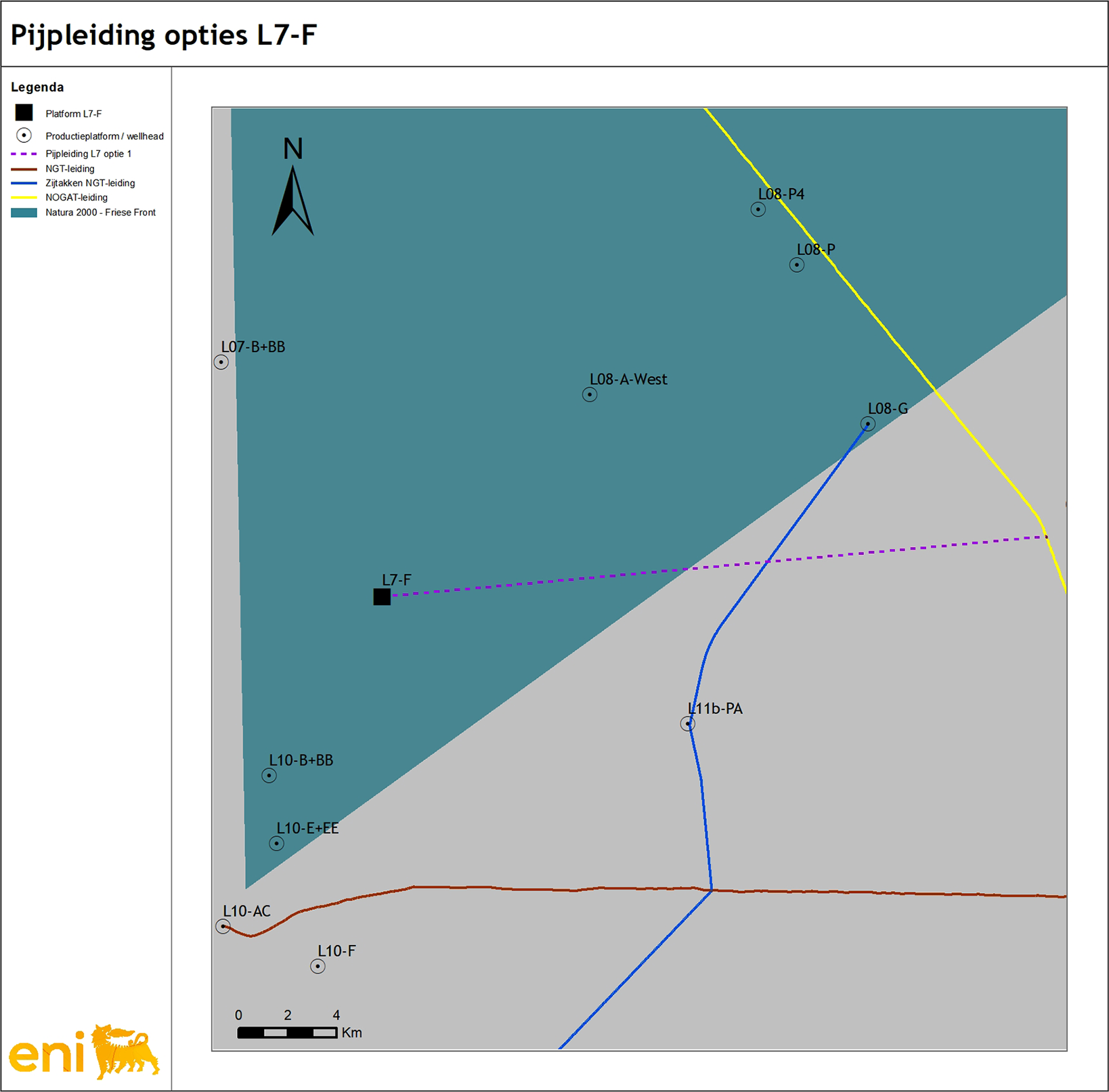 Figuur 1: Het projectgebied voor de gaswinning uit het aardgasveld L7-F en pijpleiding
