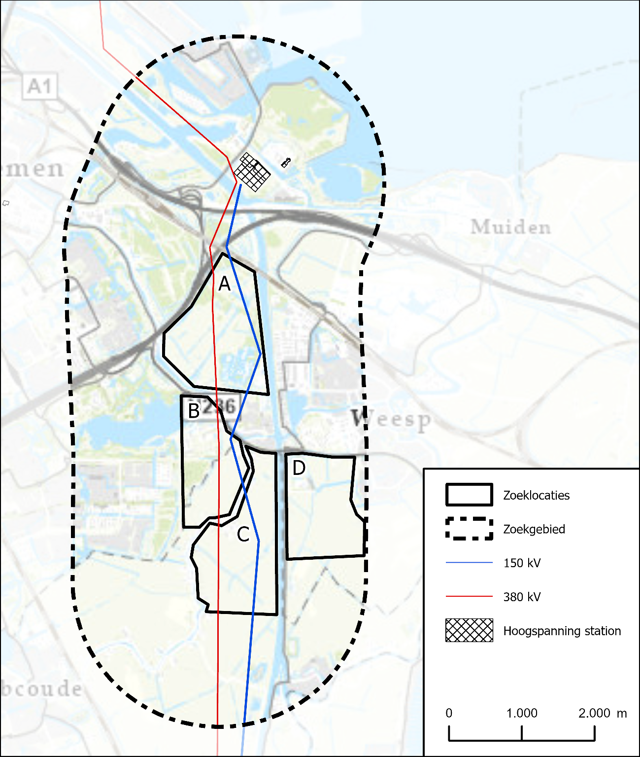 Figuur 1: Kansrijke zoeklocaties in het zoekgebied: A – Gemeenschapspolder, B – Waternet Amsterdam Zuidoost, C – Aetsveldsepolder West, D – Aetsveldsepolder Oost