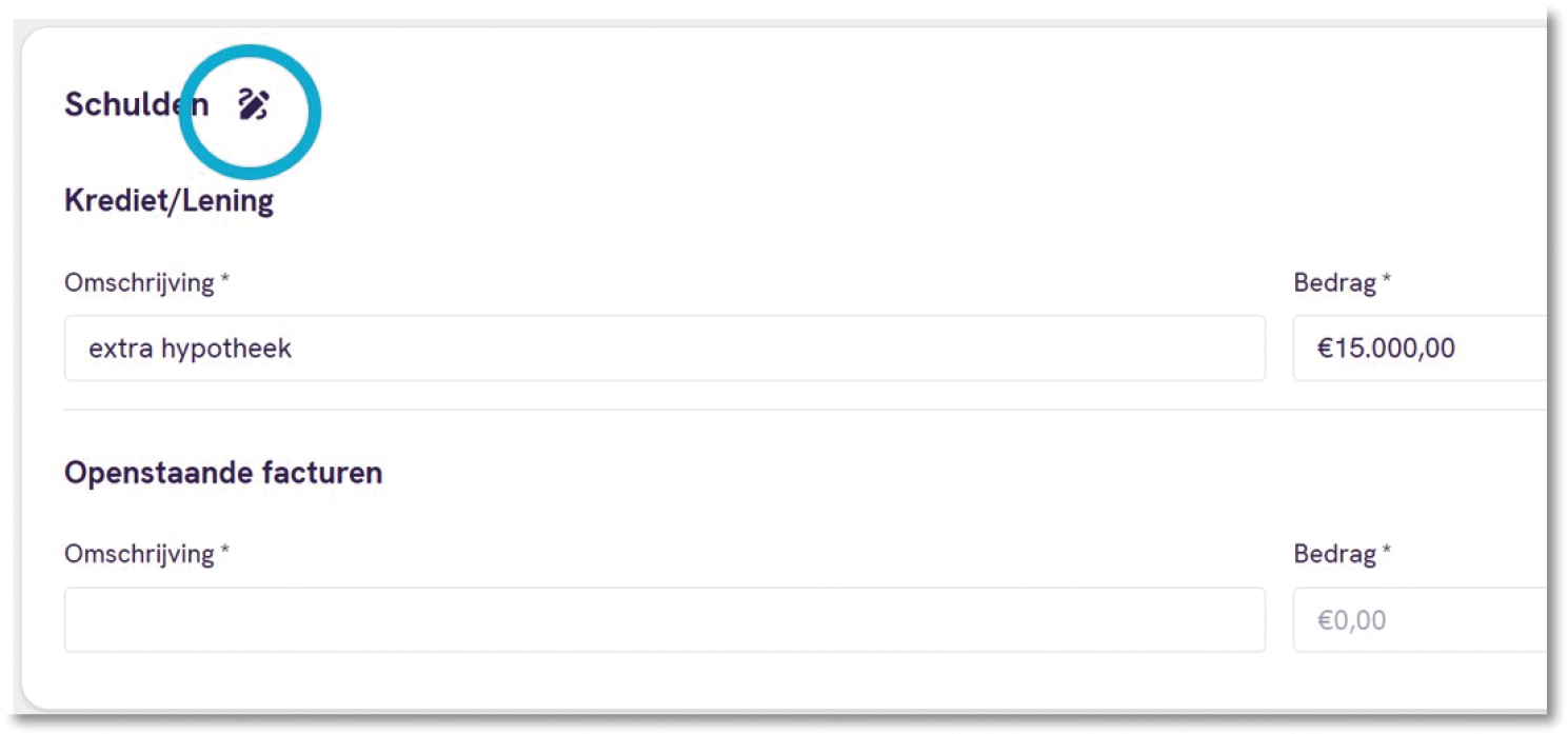 Per onderdeel in het rekenmodel kan de beoordeelnotitie geschreven worden door op het potloodje welke in het onderdeel staat te klikken.