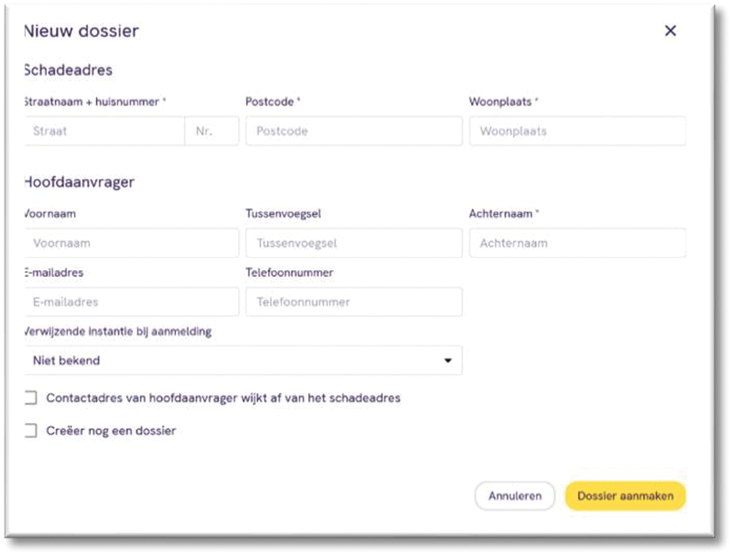 Pop-up registratie nieuw dossier