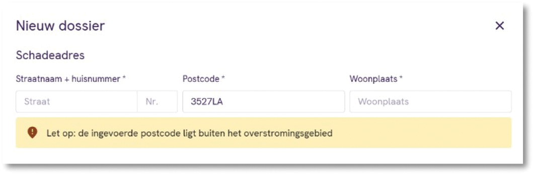 Melding schade adres valt buiten het schadegebied
