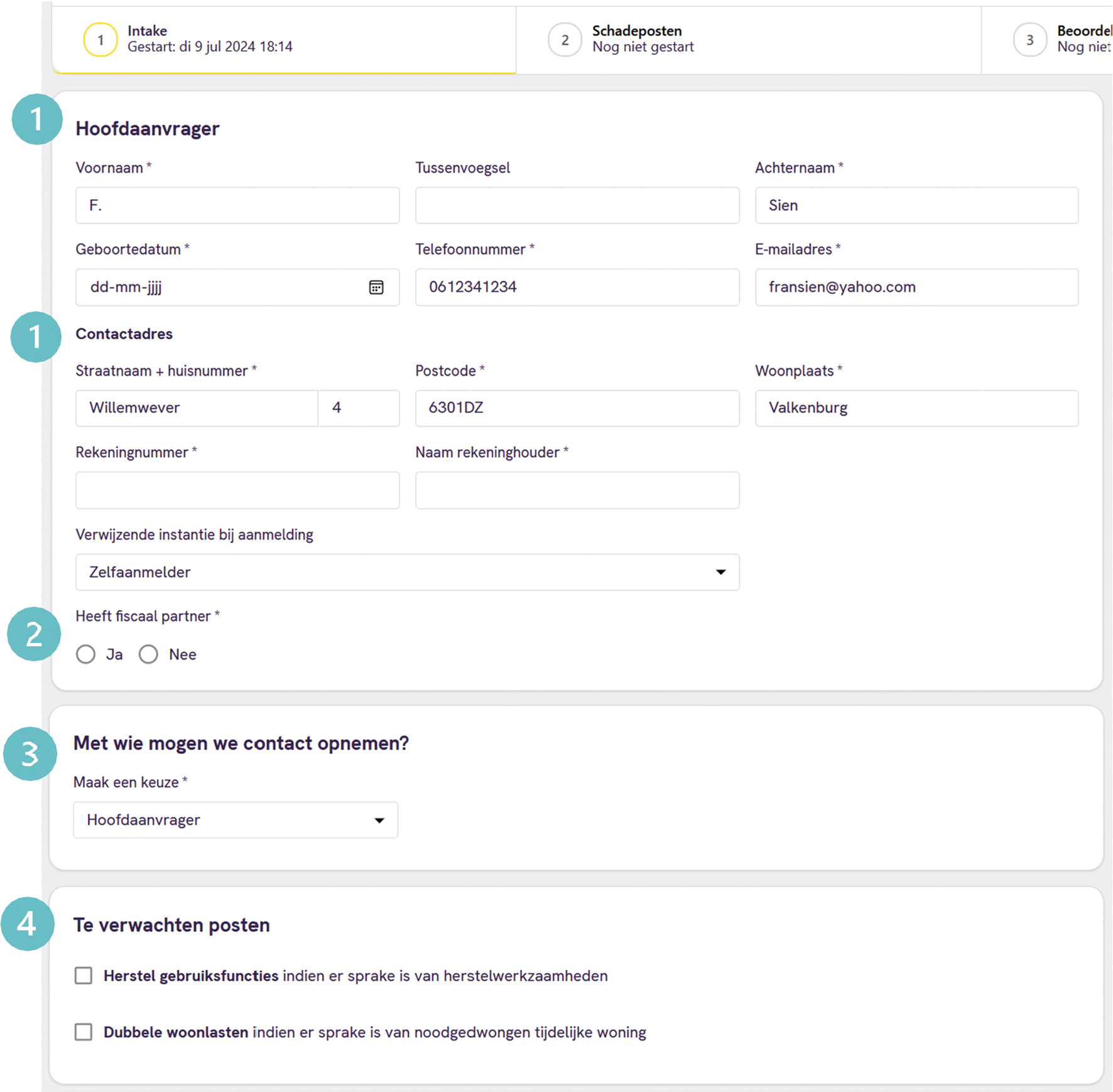 Velden in te vullen tijdens het informatiegesprek. De nummers corresponderen met de processtappen