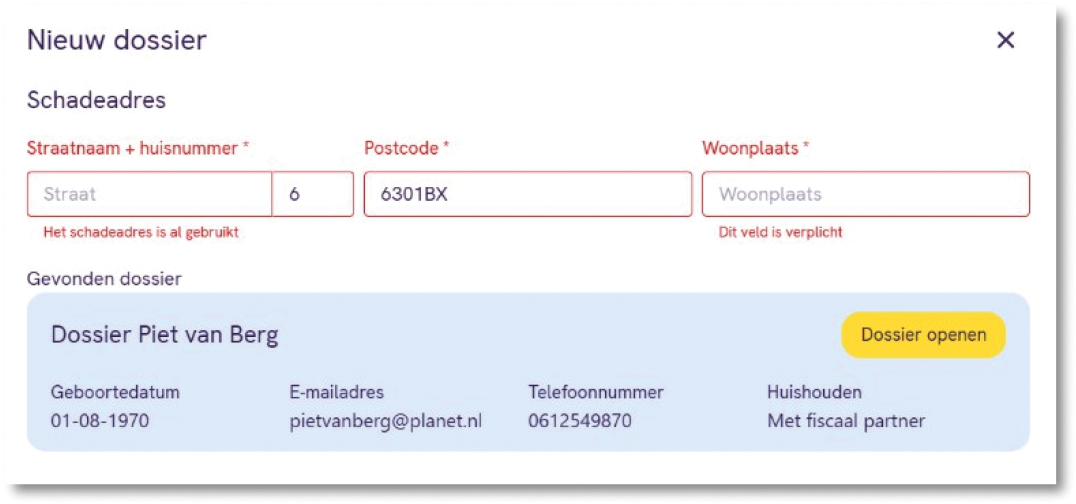 Melding bestaand dossier op schade adres
