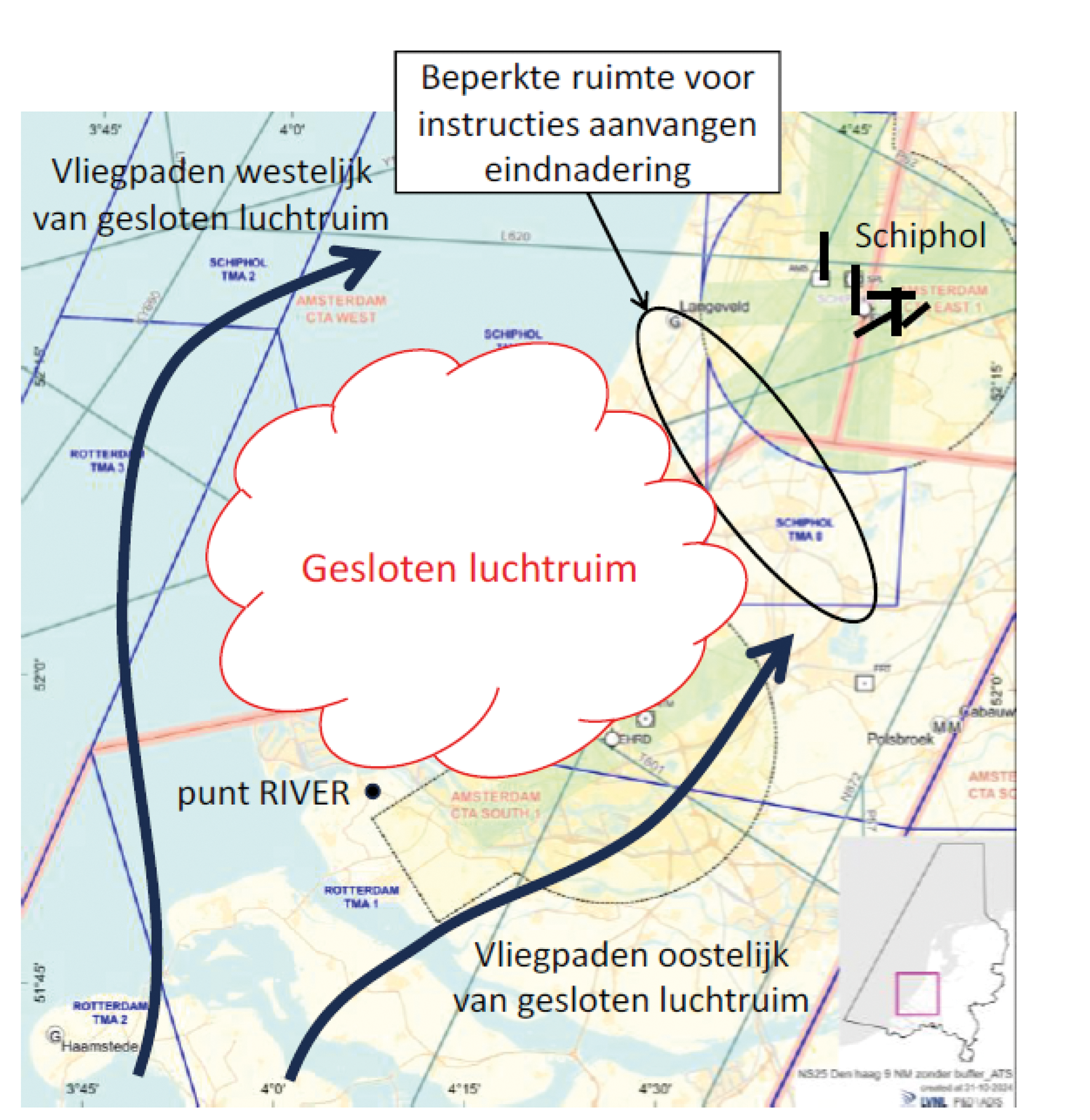 Afbeelding: Gesloten luchtruim boven Den Haag met effect op verkeersstromen naar Schiphol.