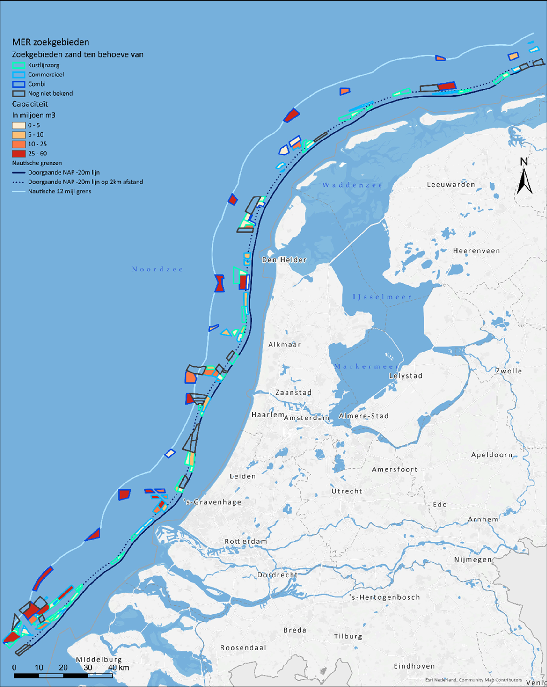 Figuur 1 Kaart van het projectgebied van de twee MER'en, zand zal worden gewonnen binnen de zoekgebieden.