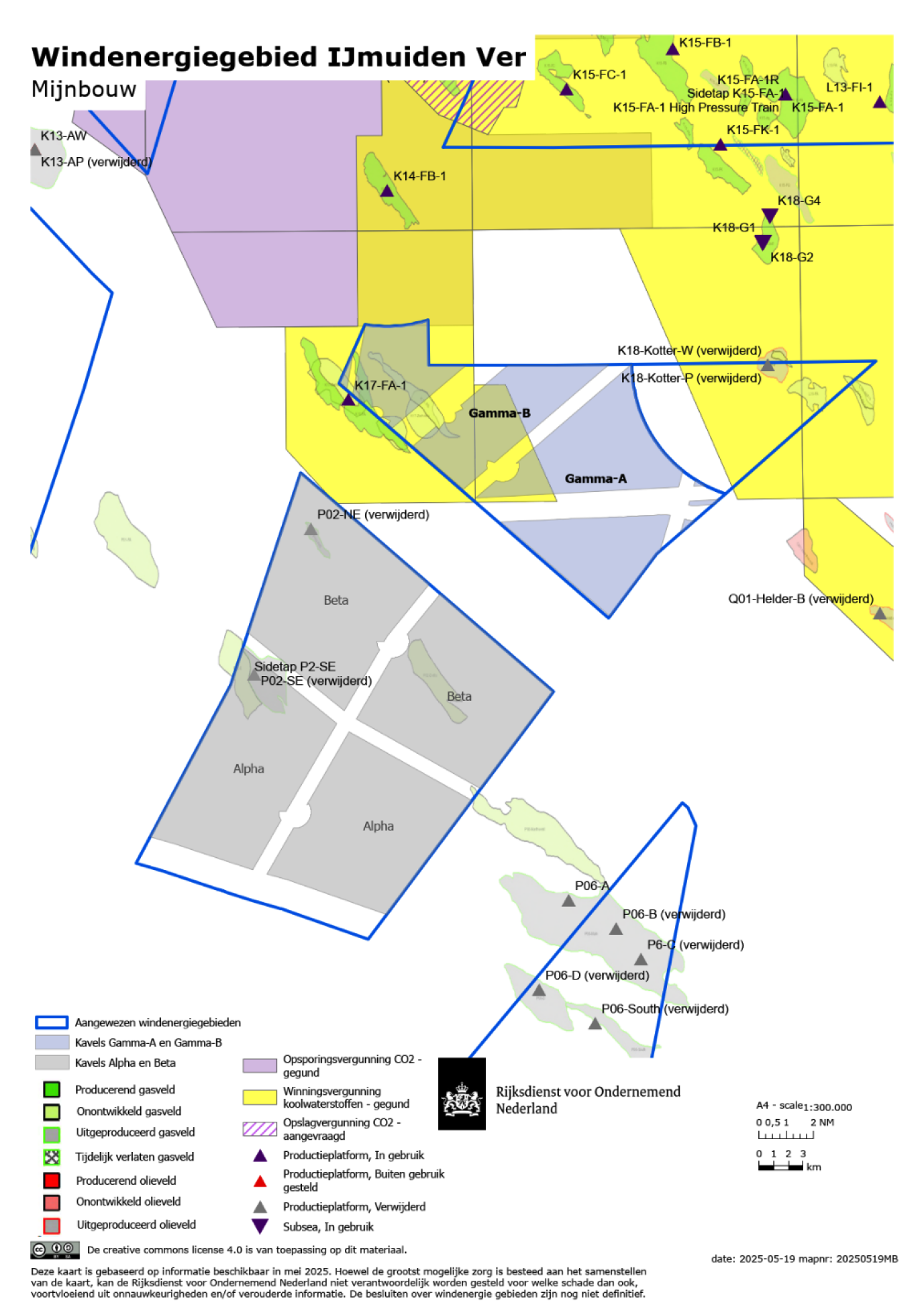 Figuur 4: Vergunningen, velden en platforms in de omgeving van kavel Gamma-B.