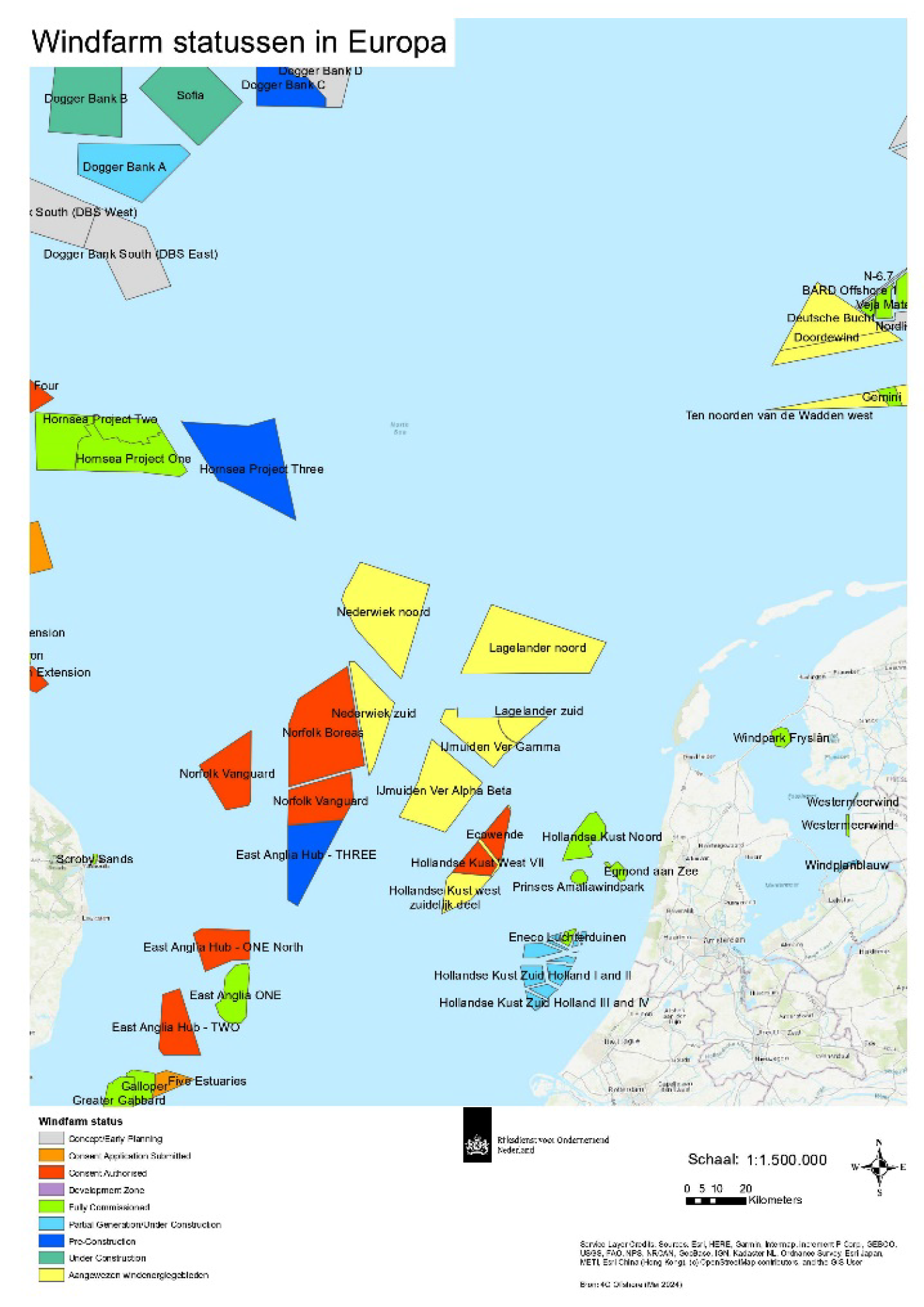Figuur 5: Ligging van bestaande en geplande windparken rondom windenergiegebied IJmuiden Ver.