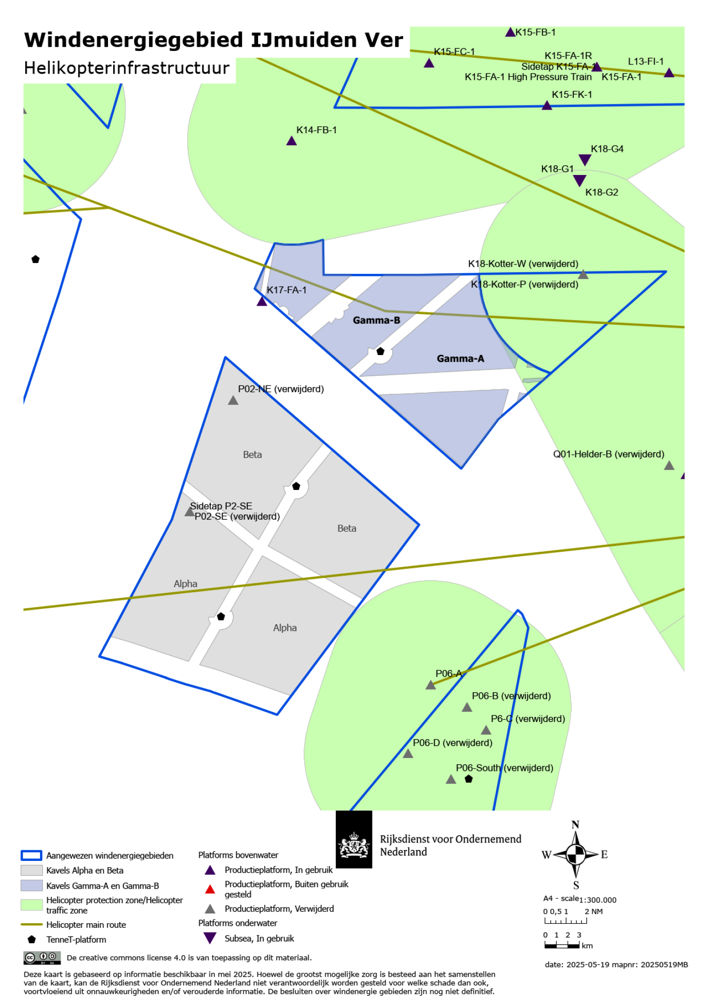 Figuur 6: Ligging van helikopterplatforms, helikopterzones en HMR’s rondom windenergiegebied IJmuiden Ver.
