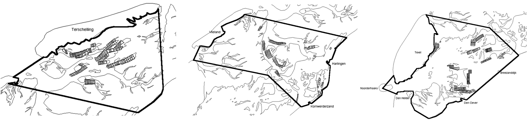 Figuur 3.2 Productiegebieden Westelijke Waddenzee Noord, Westelijke Waddenzee Midden en Westelijke Waddenzee Zuid