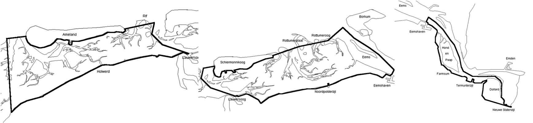 Figuur 3.3 Productiegebieden Oostelijke Waddenzee Friese Wad, Oostelijke Waddenzee Groninger Wad en Oostelijke Waddenzee Eems/Dollard