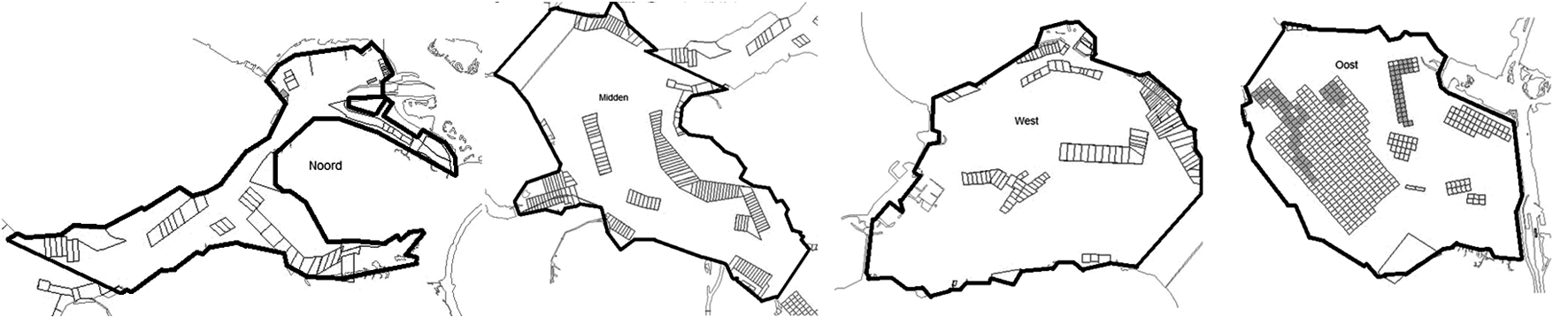 Figuur 3.6 Productiegebied Oosterschelde Noord, Oosterschelde Midden, Oosterschelde West en Oosterschelde Oost