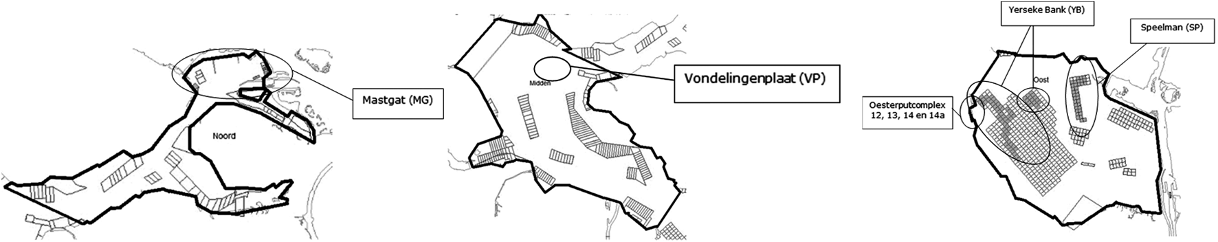 Figuur 3.7 Verwatergebieden in Oosterschelde Noord, Oosterschelde Midden en Oosterschelde Oost