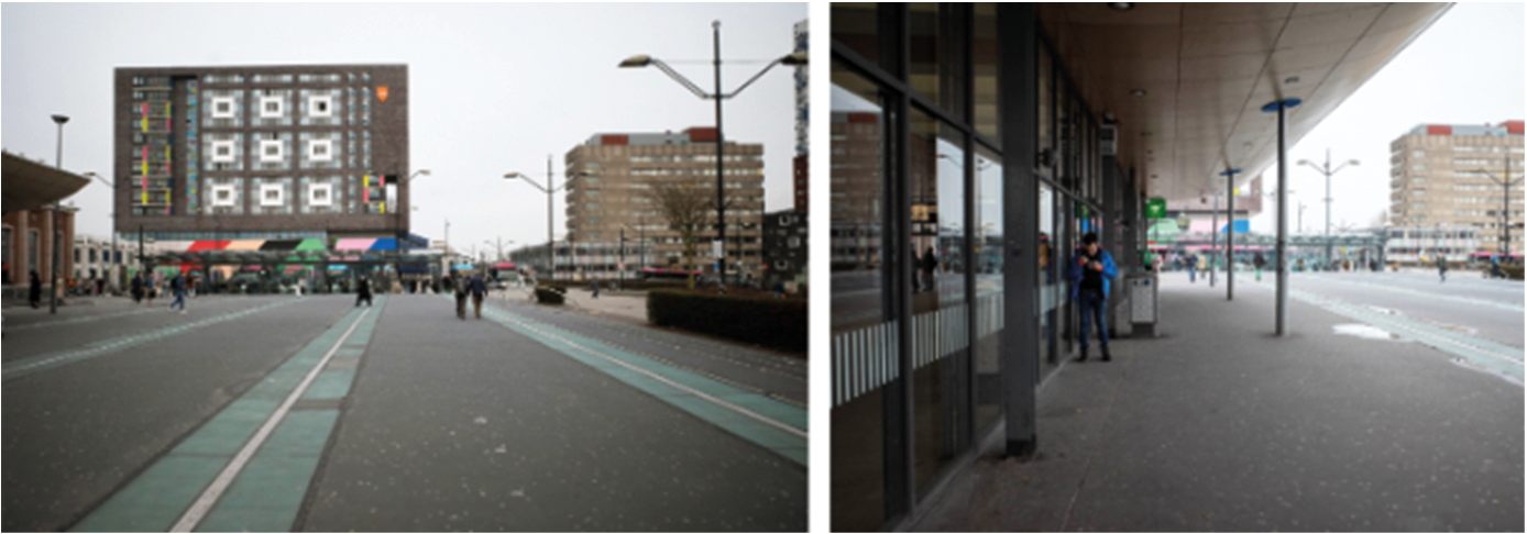 Figuur 5 Foto's van het voorplein (links: oriëntatie op noord, busstation en Doornroosje, rechts: oriëntatie op noord, luifel en gevel van stationshal)