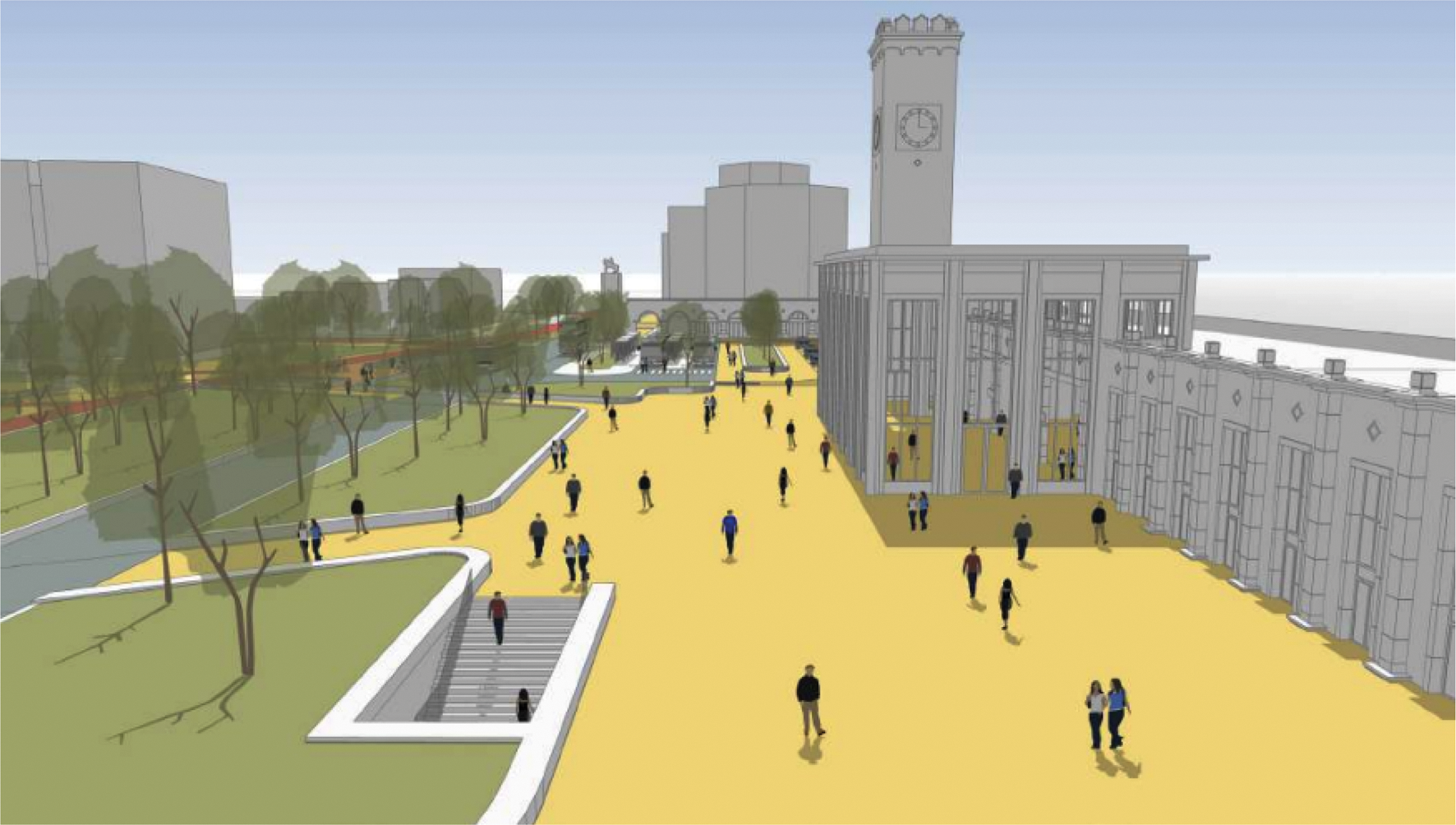 Figuur 28 Stationsplein: door de ondiepere hal ontstaat er een ruim voorplein, waarvandaan er een goede orientatie mogelijk is tussen het zuidelijk en noordelijk plein.