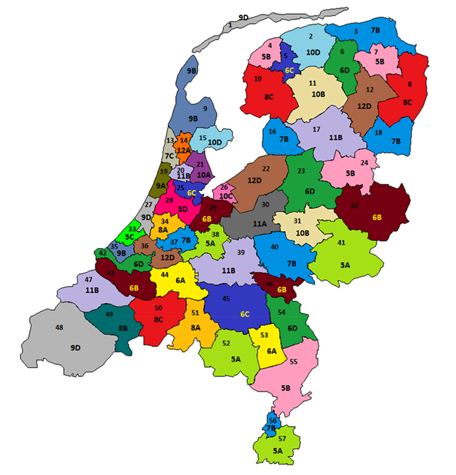 In afwijking van hetgeen voor commerciële omroep in de kolom ‘Verdeelmechanisme’ van de in hoofdstuk 10 opgenomen Frequentietabel wordt bepaald, worden de in de ingekleurde geografische gebieden genoemde frequentieblokken (allotments met allotmentnummers) op volgorde van binnenkomst verleend.