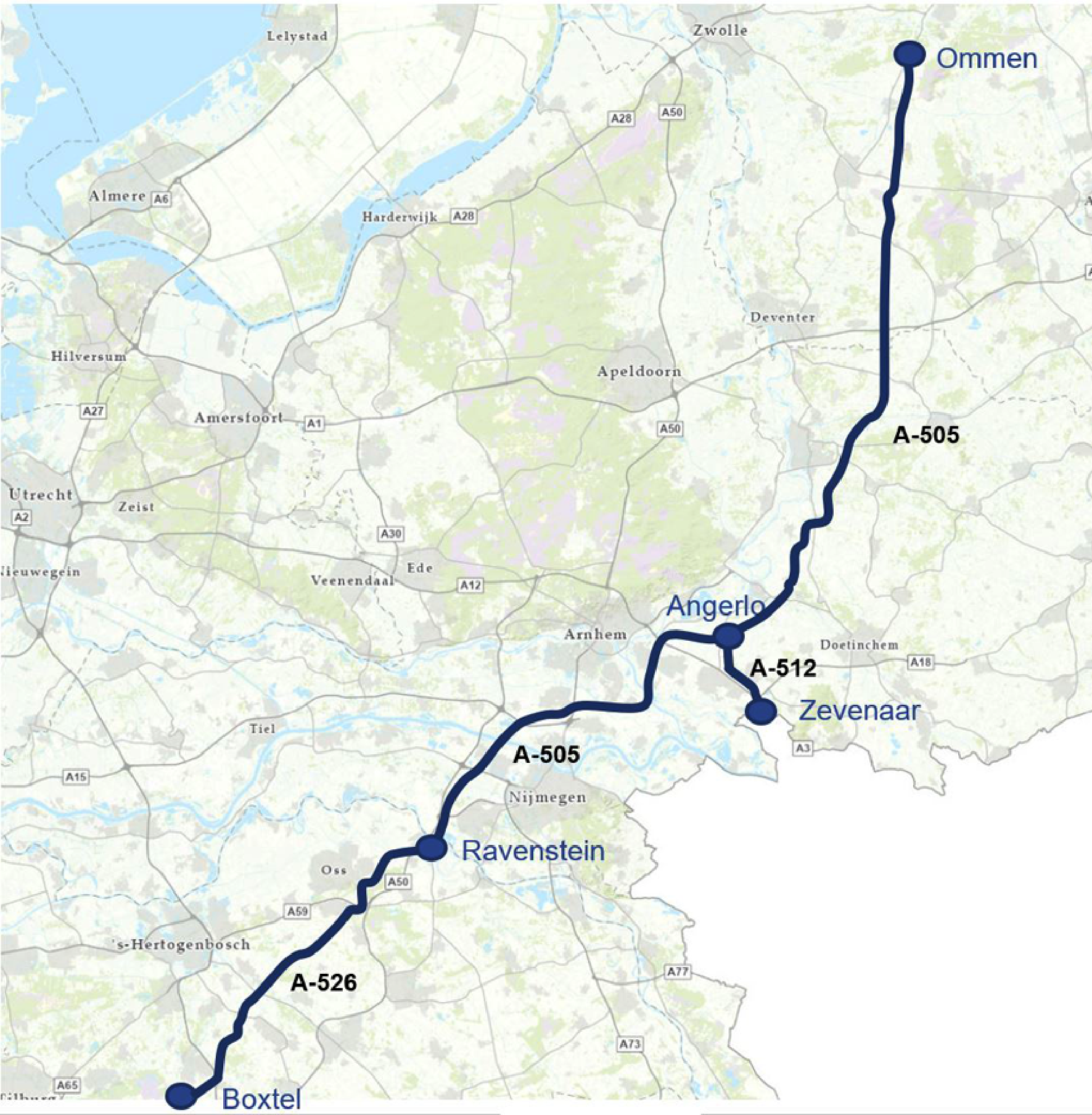 Figuur 2 – weergave van de leidingen van Waterstofnetwerk Oost-Nederland