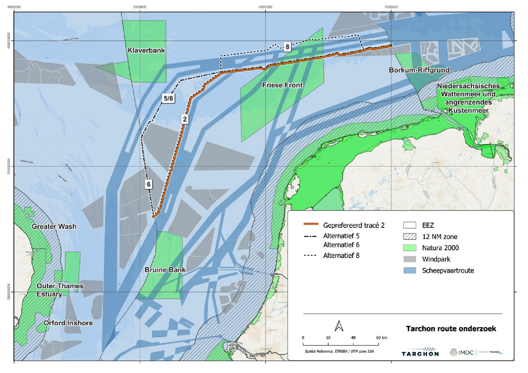 Figuur 1: overzicht van het voorkeurstracé en de drie alternatieven in de Nederlandse EEZ