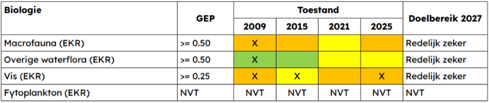 Een tabel met een de Ecologische Kwaliteitsratio voor Biologie van de IJssel. Er wordt gekeken naar Macrofauna, Overige waterflora, Vis en Fytoplankton. Voor 2009, 2015, 2021 en 2025 is de toestand vergeleken. Scores worden aangegeven per jaar en zijn met kleuren aangeduid: groen betekent goed, geel is matig, oranje is onvoldoende. De kolom 'Doelbereik 2027' geeft aan hoe waarschijnlijk het is dat het KRW-doel in 2027 wordt gehaald, wat bij alle groepen als 'Redelijk zeker' wordt aangegeven. In 2025 is Macrofauna en Vis ontoereikend. Overige waterflora is matig , en Fytoplankton is niet van toepassing.