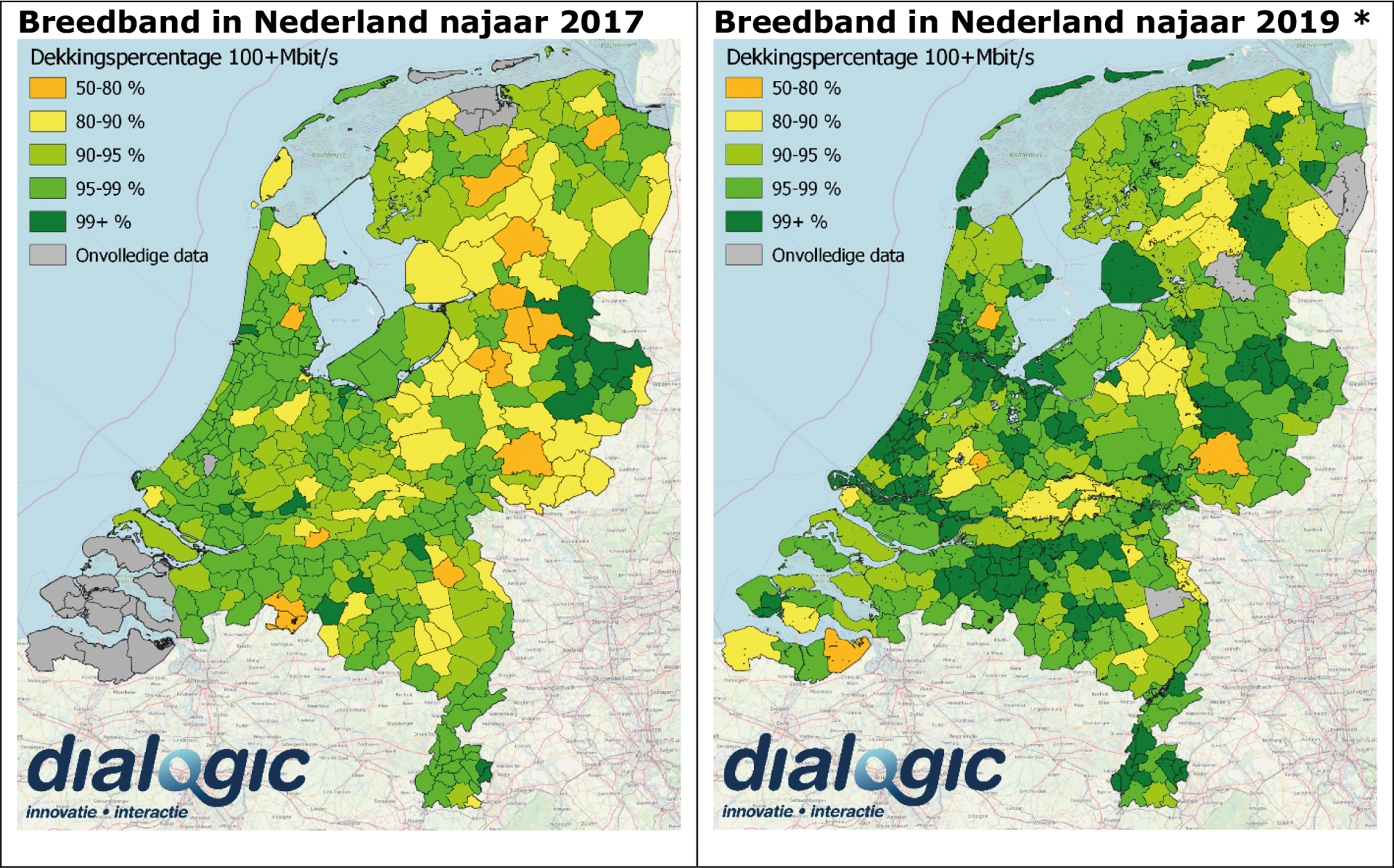 Figuur 1: percentage adressen binnen een gemeente dat kan beschikken over een internetverbinding van tenminste 100 Mbps, 2017 en 2019