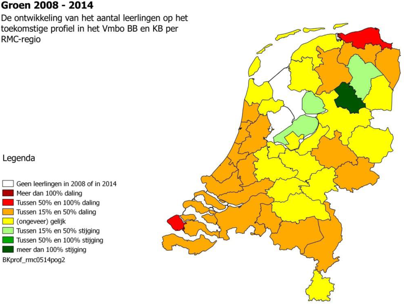 Kaart 5: leerlingendaling profiel Groen 2008–2014