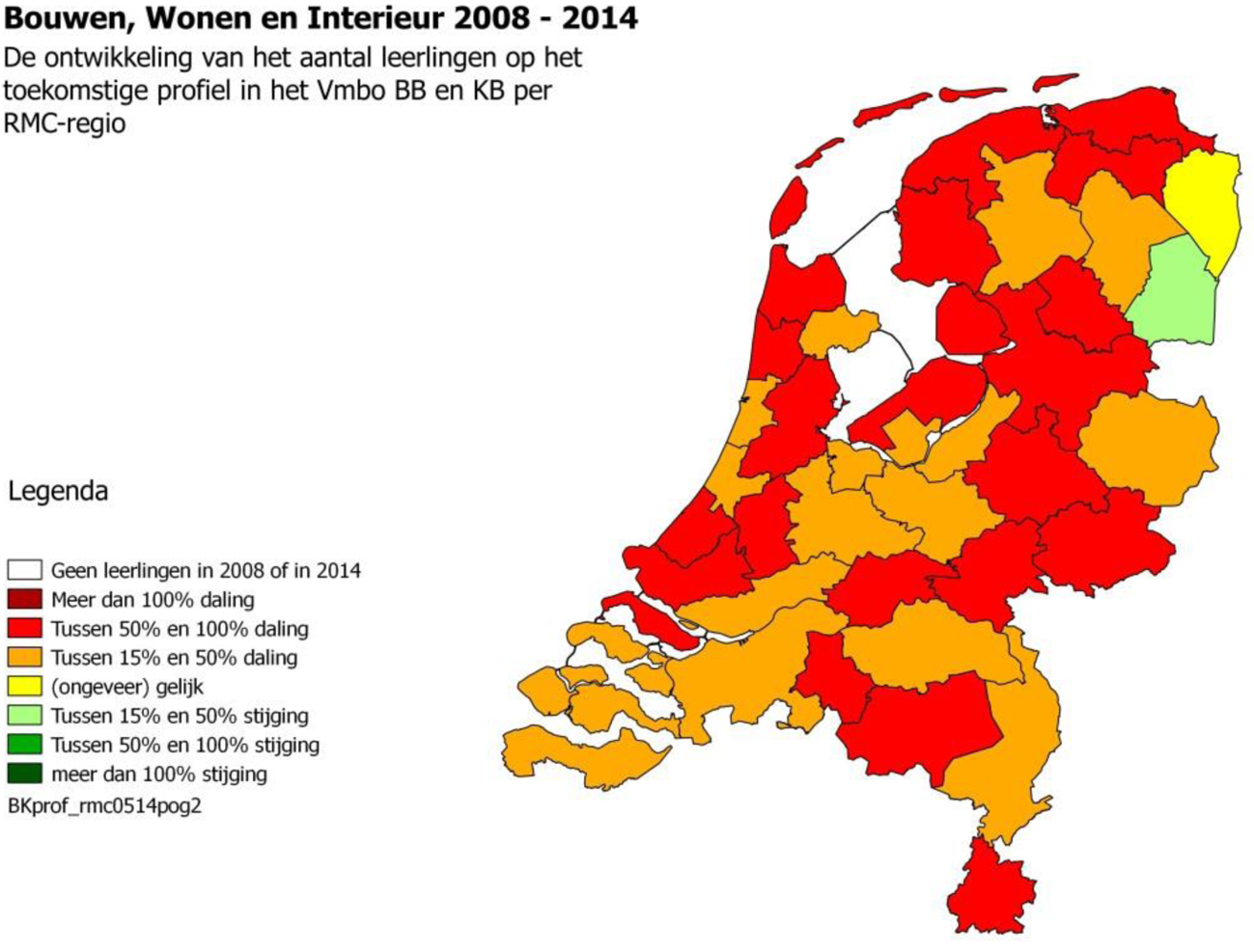 Kaart 7: leerlingendaling profiel Bouw, wonen en interieur 2008–2014