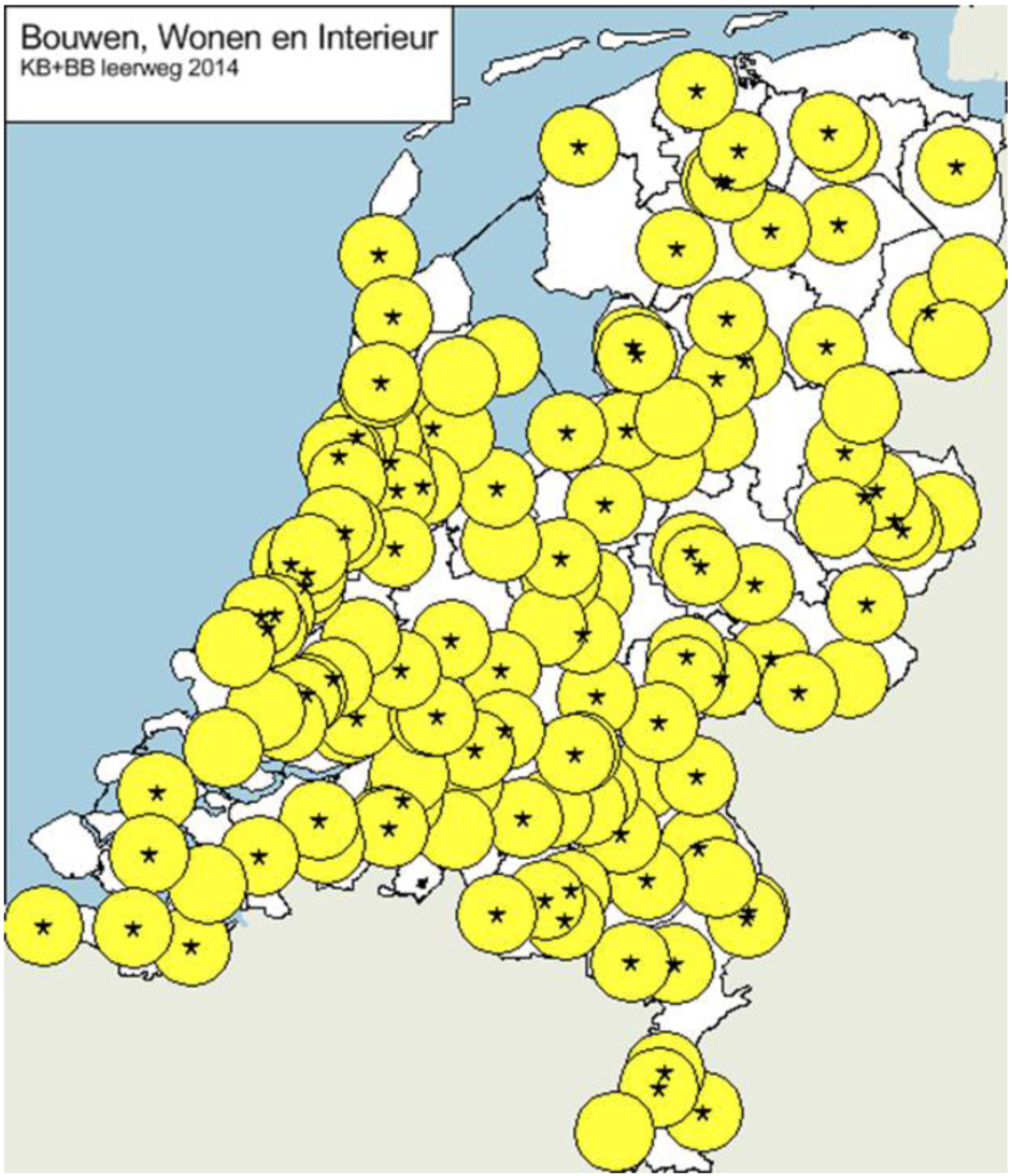 Kaart 18: spreiding profiel Bouwen, wonen en interieur 2014