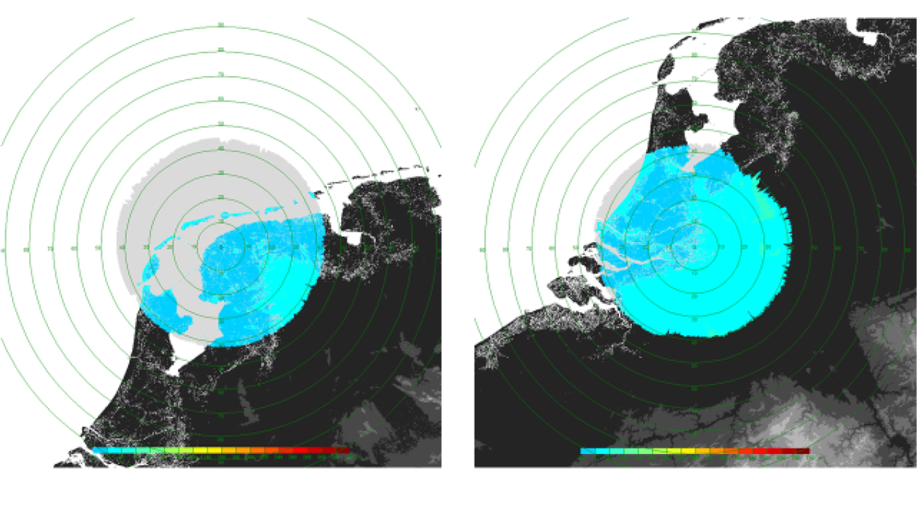 Figuur 1: Detectie op lage hoogte (ca.300 meter) vanaf de radarlocatie Wier (links) en Herwijnen (rechts).