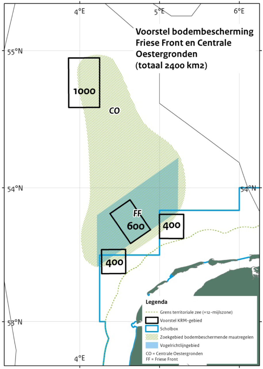Figuur 1. Voorstel te sluiten gebieden voor bodemberoerende visserij op Friese Front en Centrale Oestergrond