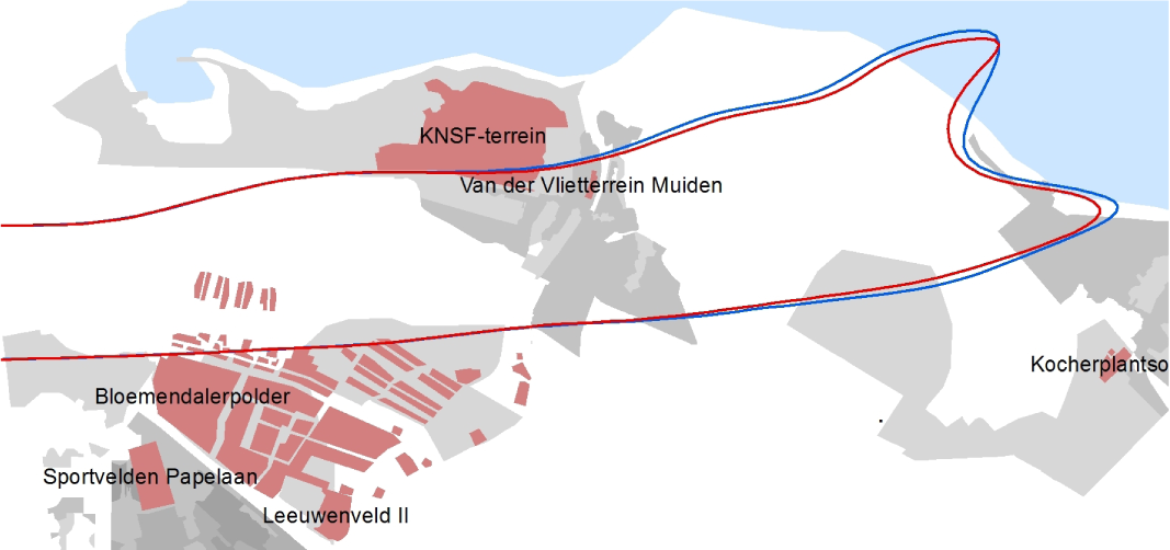 Figuur 5. Verschil tussen de 20 Ke contour van het LVB 2010 (rood) en het onderhavige LVB (blauw).