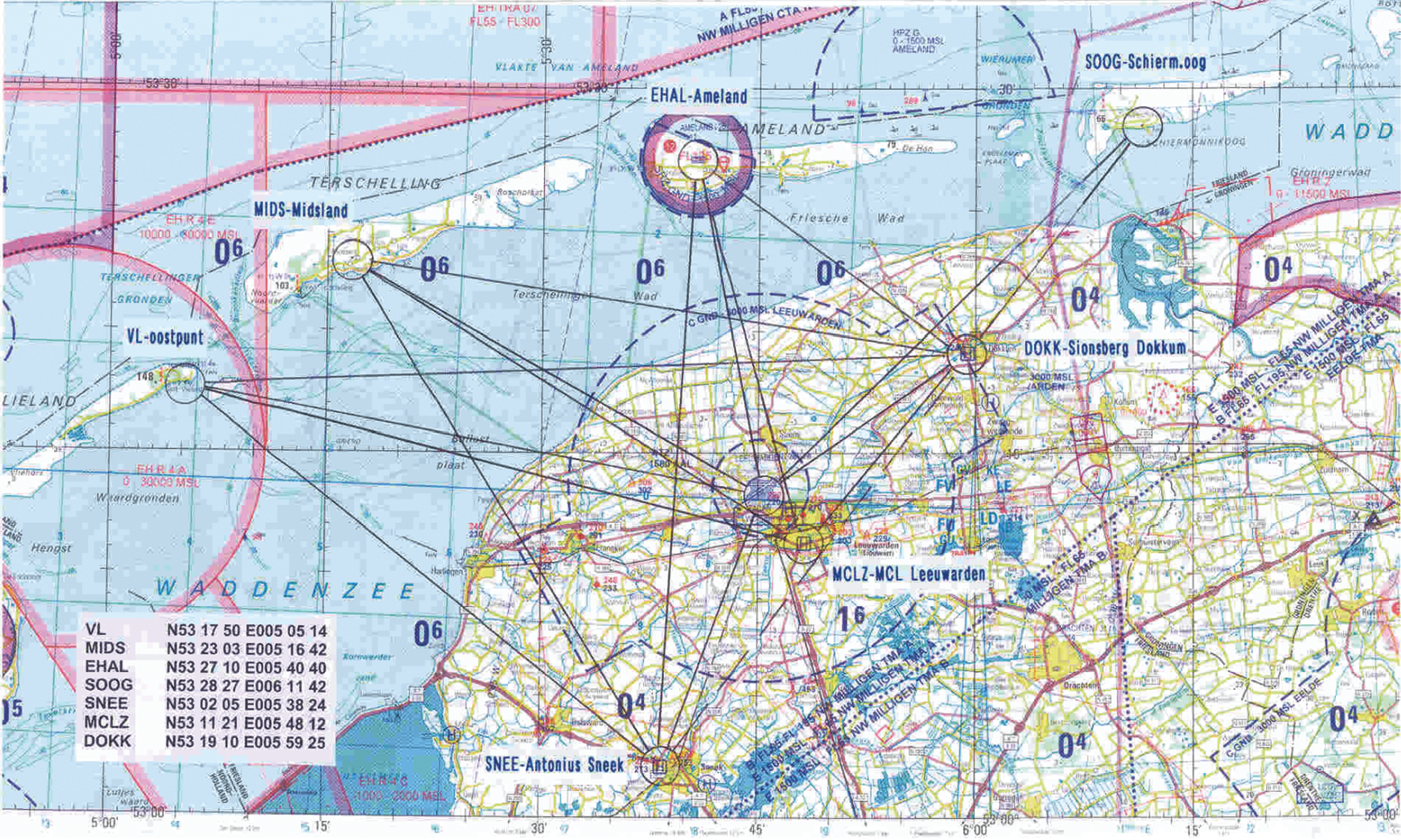 Figuur IV – SAR routes boven Noord Nederland, weergegeven met een doorgetrokken lijn.