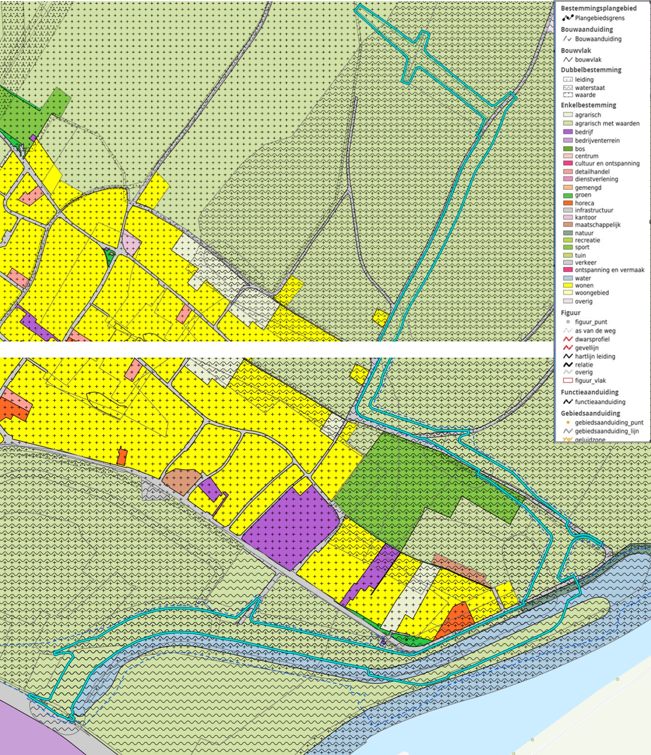 Figuur 9.2 Ontwerp waterkering (felblauwe doorgetrokken lijn) over plankaart huidige functies in plange-bied Buggenum