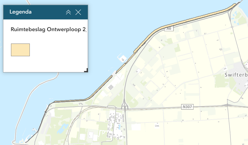 een kaart met het ruimtebeslag van de dijkversterking