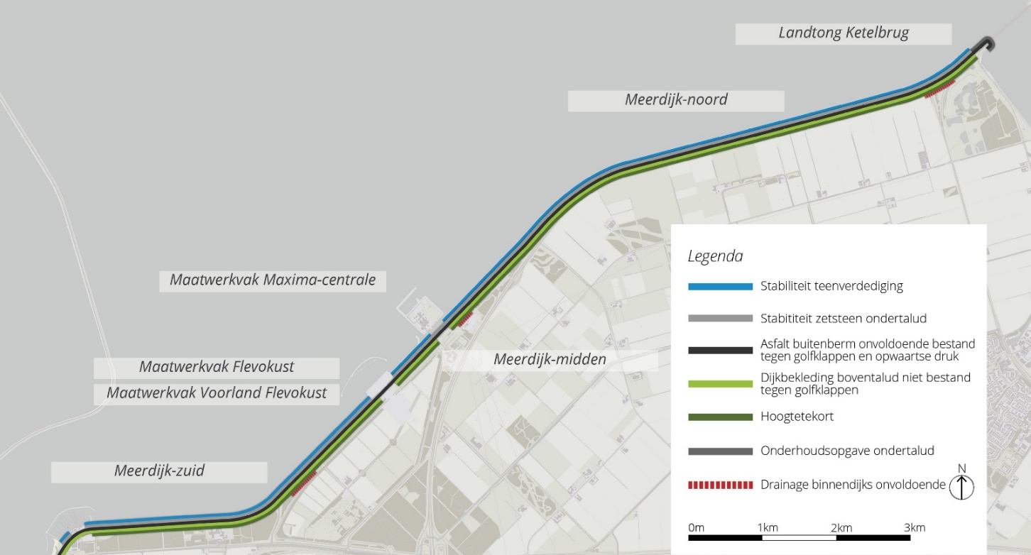 een kaart van het traject Meerdijk met daarop de diverse dijkvakken en maatwerkvakken en hun opgaves