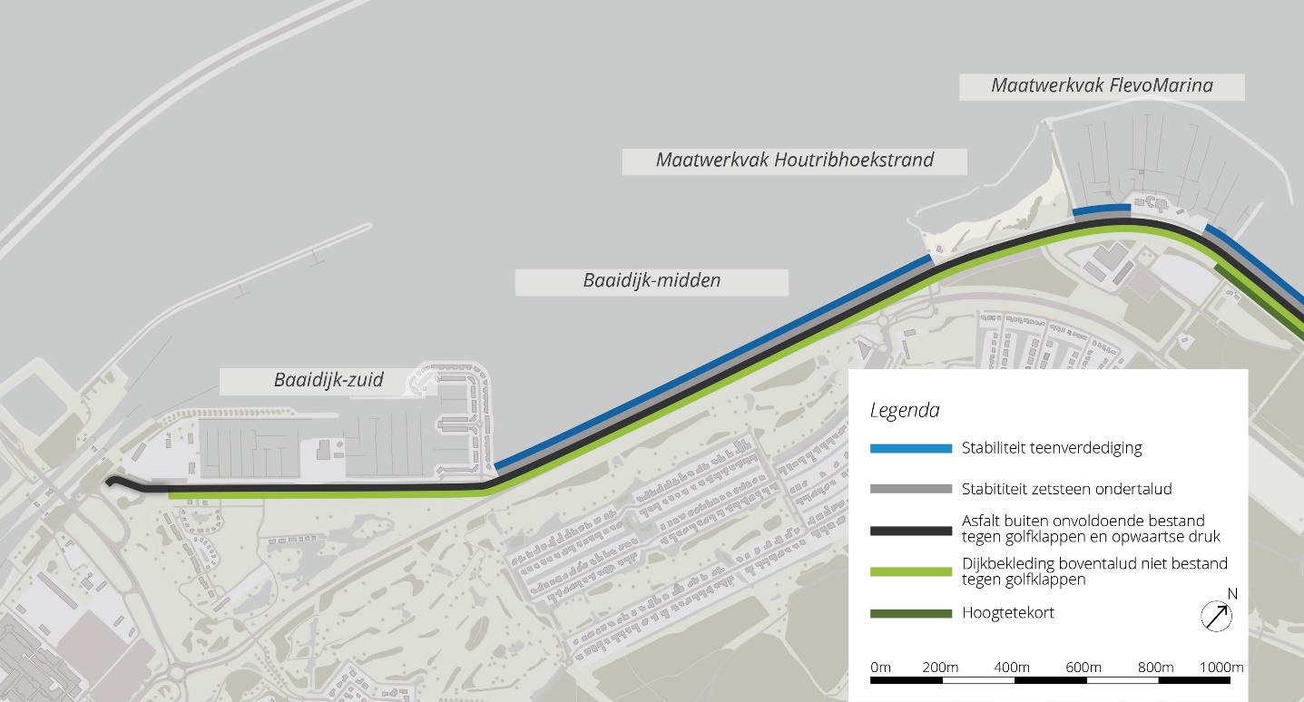 een kaart van het traject Baaidijk met daarop de diverse dijkvakken en maatwerkvakken en hun opgaves
