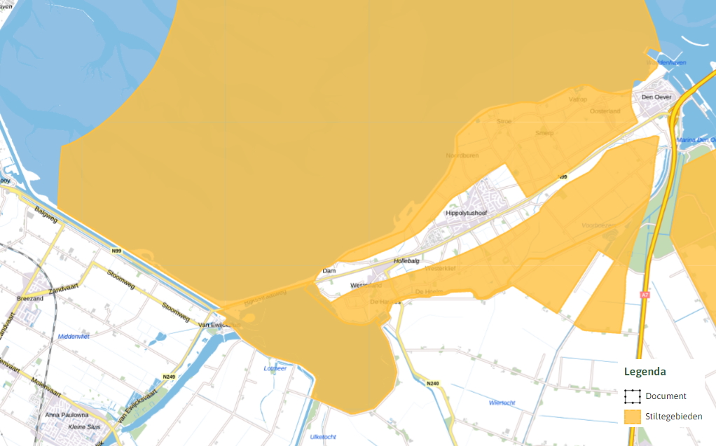 Op deze afbeelding staan de stiltegebieden, zoals aangewezen in de Omgevingsverordening NH2022, tussen Den Oever en Den Helder.