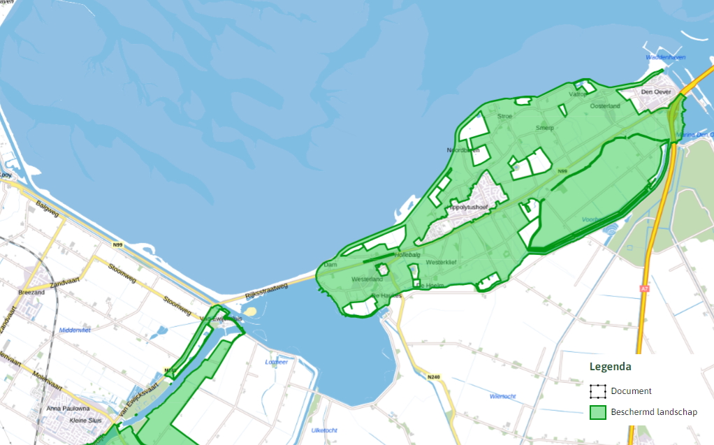 Op deze afbeelding is het Beschermd Landschap, zoals aangewezen in de Omgevingsverordening NH2022, weergegeven.
