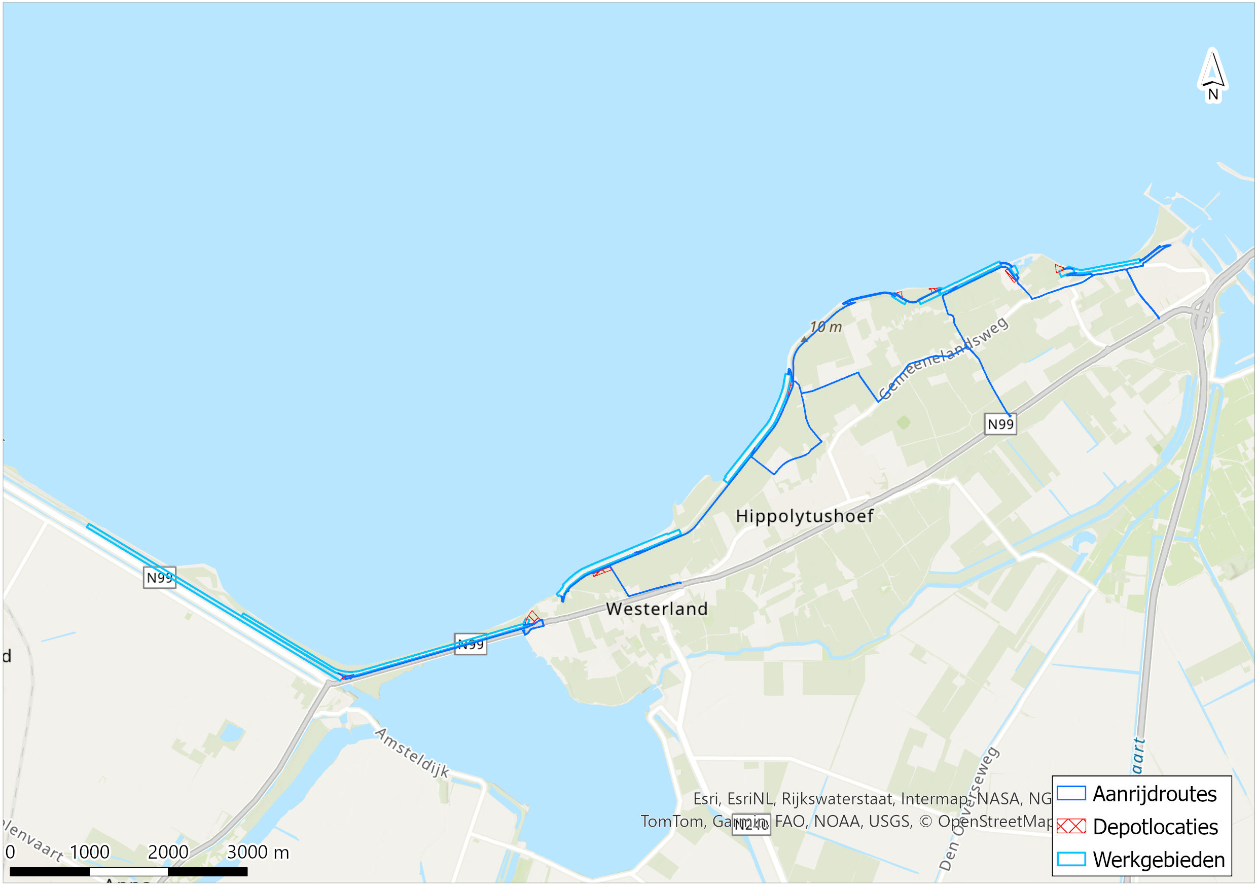 Dit is een topografische afbeelding met de ligging van werkgebieden en een indicatieve ligging van depotlocaties en aanrijroutes.