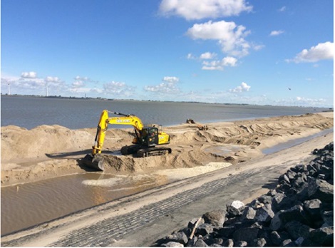 Een weergave van een hydraulische graafmachine ten behoeve van het ontgraven van aanzanding.