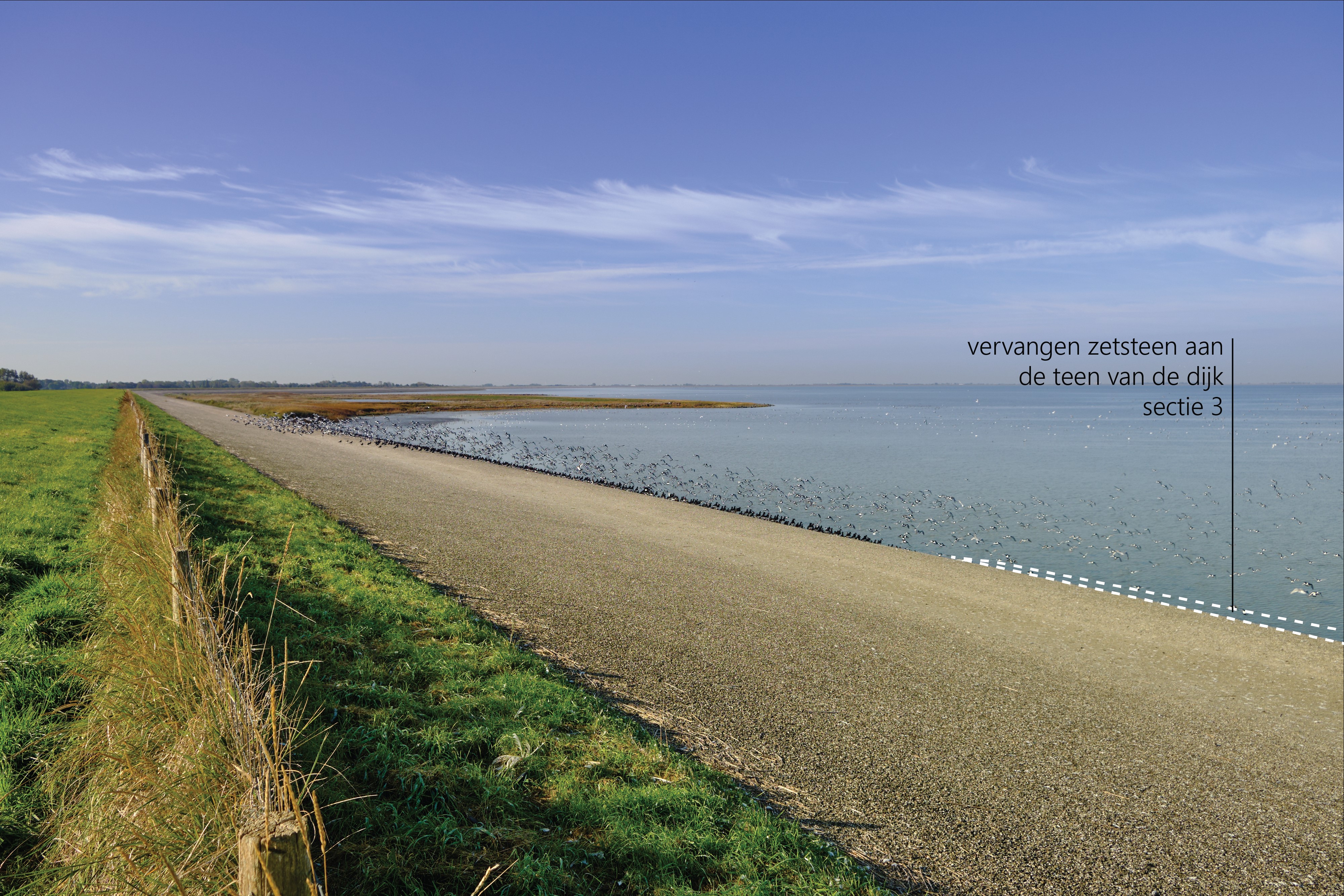 Deze afbeelding geeft aan waar het zetsteen wordt vervangen binnen deeltraject Wieringer Zeewering.