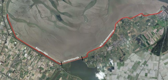 Afbeelding met weergave van de drie deeltrajecten: Balgzanddijk, Amsteldiepdijk en Wieringer Zeewering.