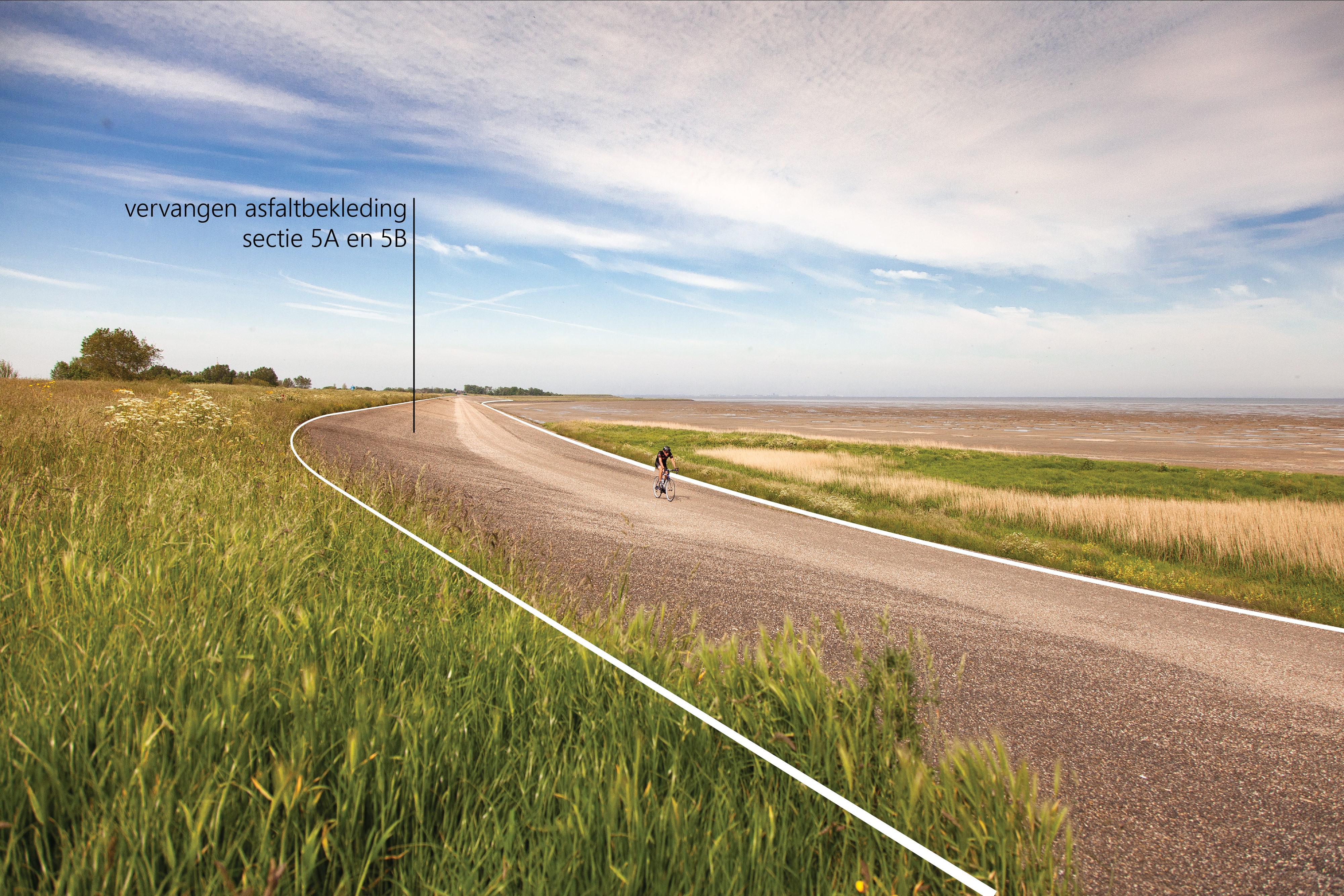 Deze afbeelding geeft aan waar de asfaltbekleding wordt vervangen binnen deeltraject Wieringer Zeewering.