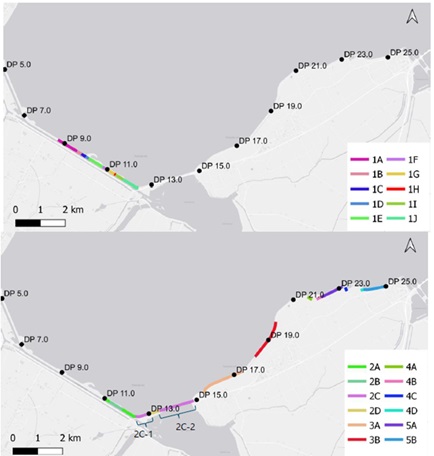 Op deze afbeeldingen is de indeling van de deelsecties weergegeven. Op de bovenste afbeelding staat de indeling in deelsecties voor sectie 1. Op de onderste afbeelding staat de indeling van deelsecties in secties 2, 3, 4 en 5.